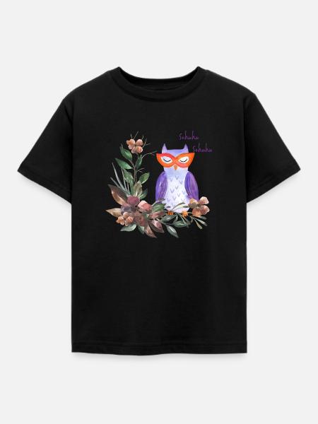 Eule mit Blumem - Kinder T-Shirt - Schwarz