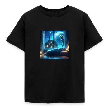 Alien observes sleeping human - Kids' T-Shirt - black - Front - AI Model Kid Female (0cm)