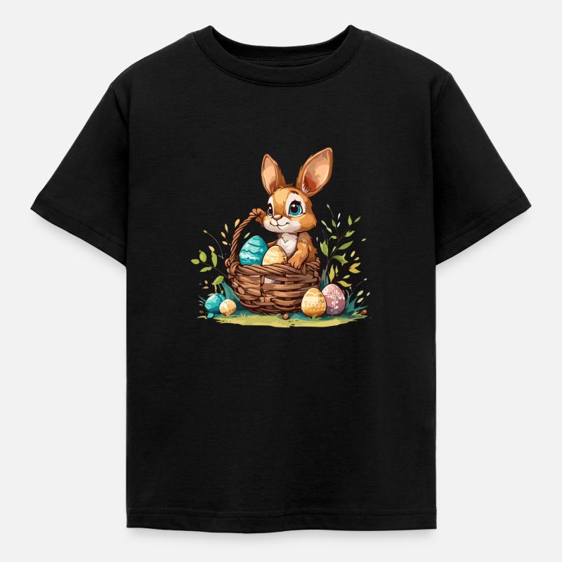 Bunny with an Easter basket filled with eggs - Kids' T-Shirt - black