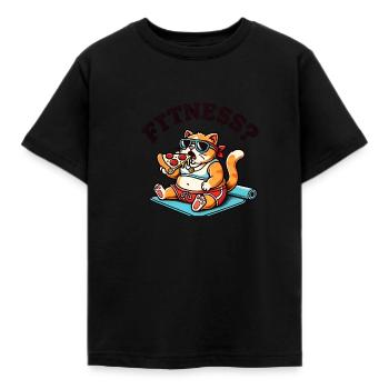 Fitness? 🍕🐱 - Katze - Kinder T-Shirt - Schwarz - Vorne - AI Model Kid Female (0cm)