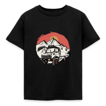 Camping - Unimog - Sonnenuntergang - Oldtimer - Kinder T-Shirt - Schwarz - Vorne - AI Model Kid Female (0cm)