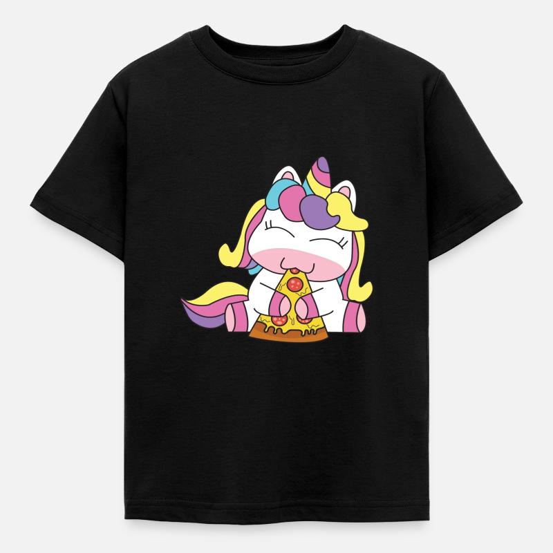 Einhorn Essen Pizza - Kinder T-Shirt - Schwarz