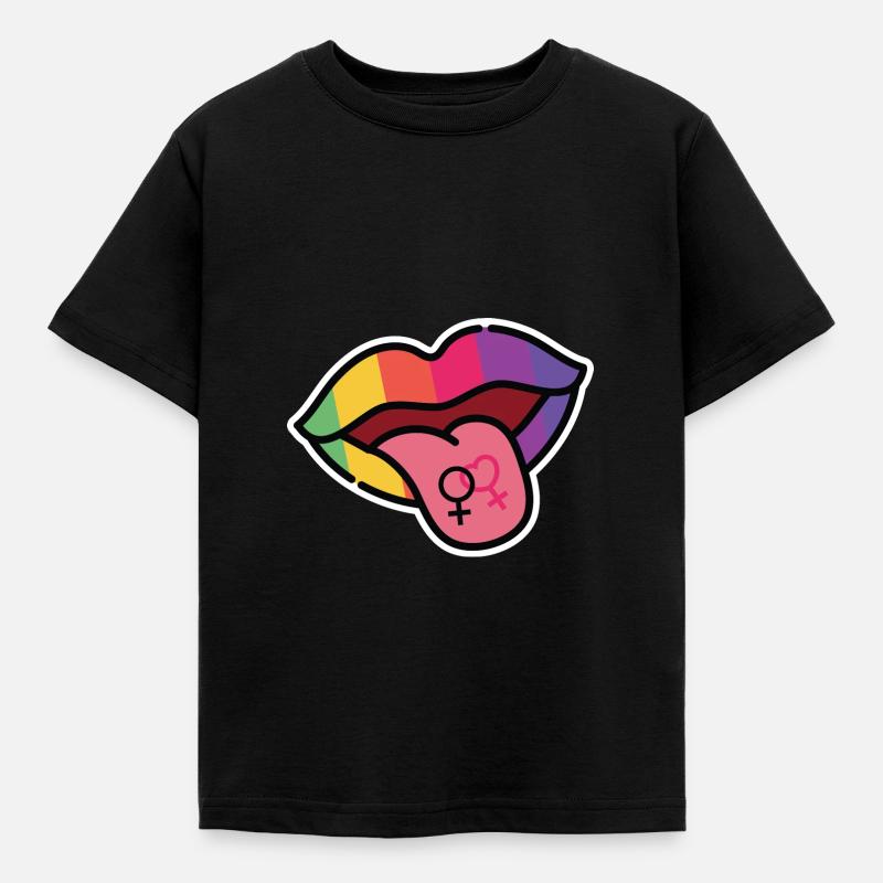 Lesbienne, Bouche, Langue, Drapeau arc-en-ciel, CSD - T-shirt Enfant - noir