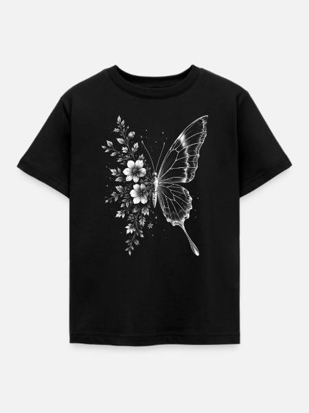 Eleganter Schmetterling mit Blumen im Zeichenstil - Kinder T-Shirt - Schwarz