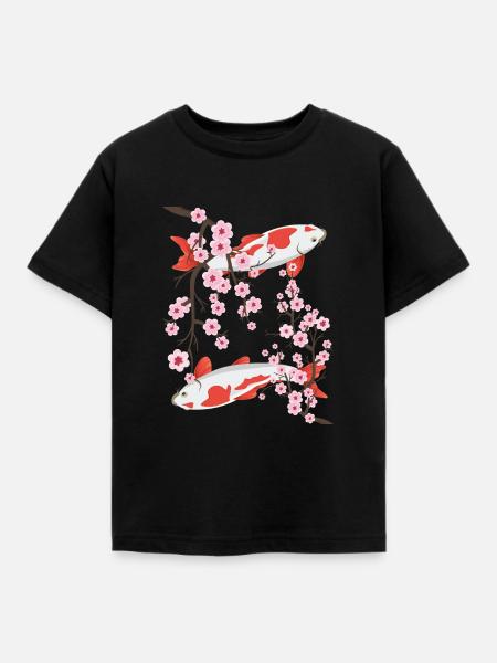 Japanische Koi Karpfen Sakura Kirschblüten - Kinder T-Shirt - Schwarz