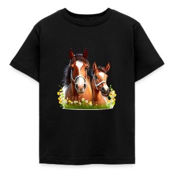 Pferdeshirt Pferd Weide Blumen Fohlen Mädchen - Kinder T-Shirt - Schwarz - Vorne - AI Model Kid Female (0cm)