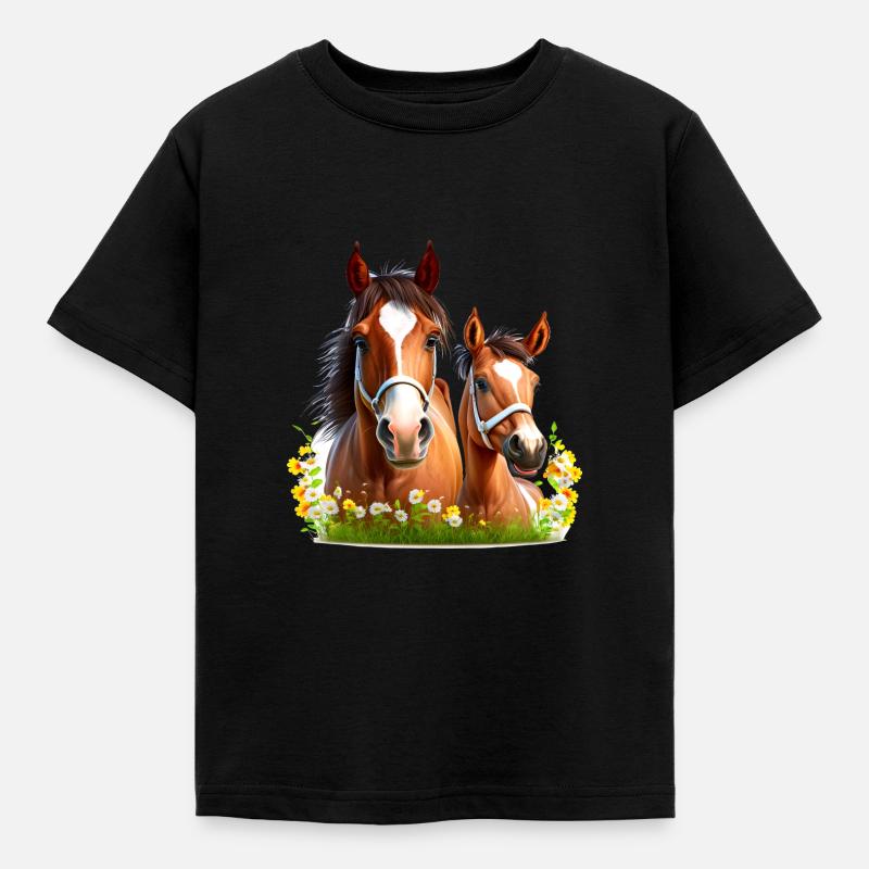Pferdeshirt Pferd Weide Blumen Fohlen Mädchen - Kinder T-Shirt - Schwarz