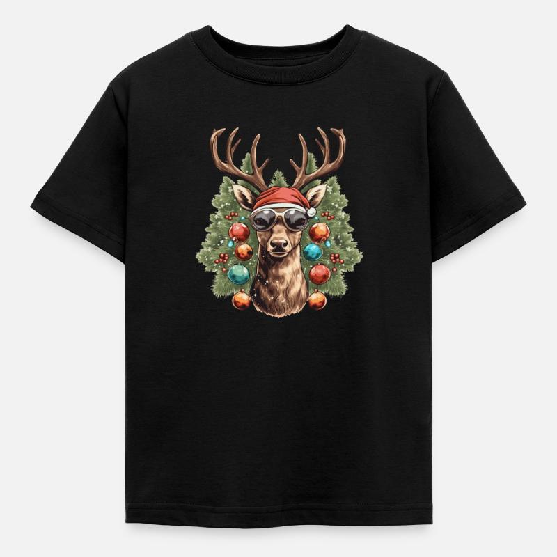 Rentier mit Weihnachtskugeln und Mütze - Kinder T-Shirt - Schwarz
