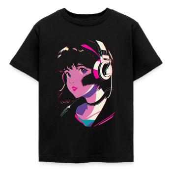 Anime Aesthetics Girl mit Kophörer - Kinder T-Shirt - Schwarz - Vorne - AI Model Kid Female (0cm)