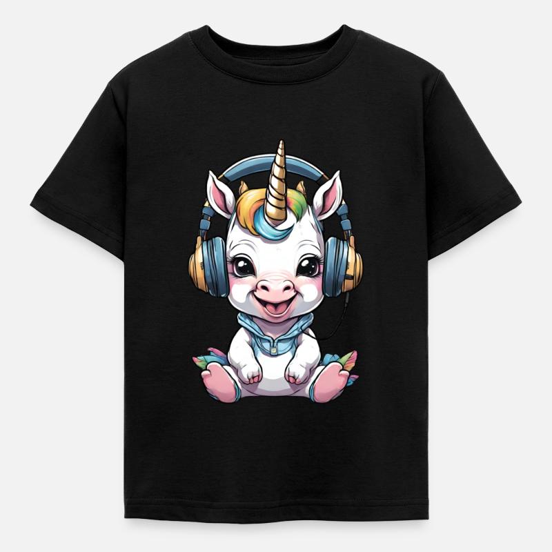 Baby Einhorn Mit Kopfhörer - Kinder T-Shirt - Schwarz