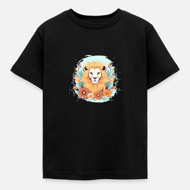 Löwenkopf mit Blumen Löwe - Kinder T-Shirt - Schwarz