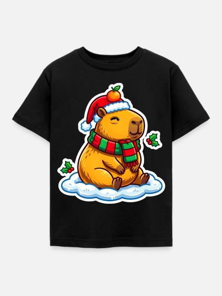 Capybara mit Weihnachtsmütze - Kinder T-Shirt - Schwarz
