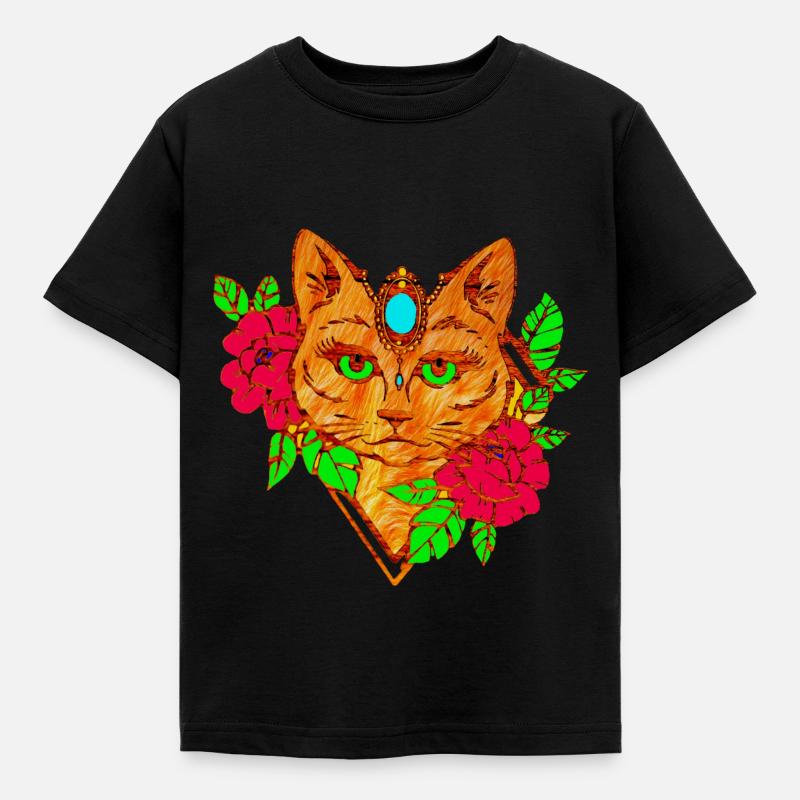 cat and flowers - Kids' T-Shirt - black