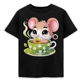 Cartoon Kawaii Mouse Drinking Green Tea - Kids' T-Shirt - black - Front - AI Model Kid Female (0cm)