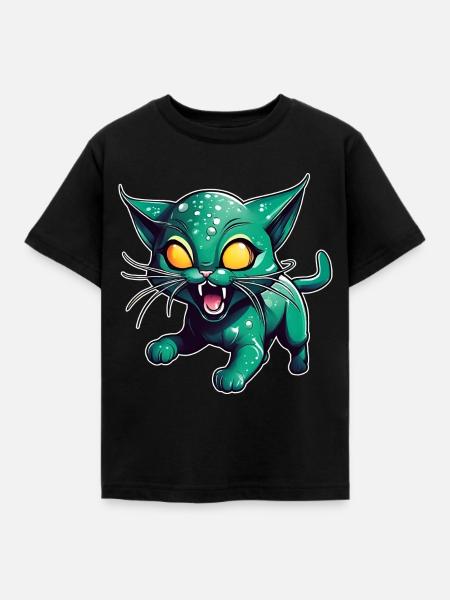 Grüne Alien Katze - Kinder T-Shirt - Schwarz
