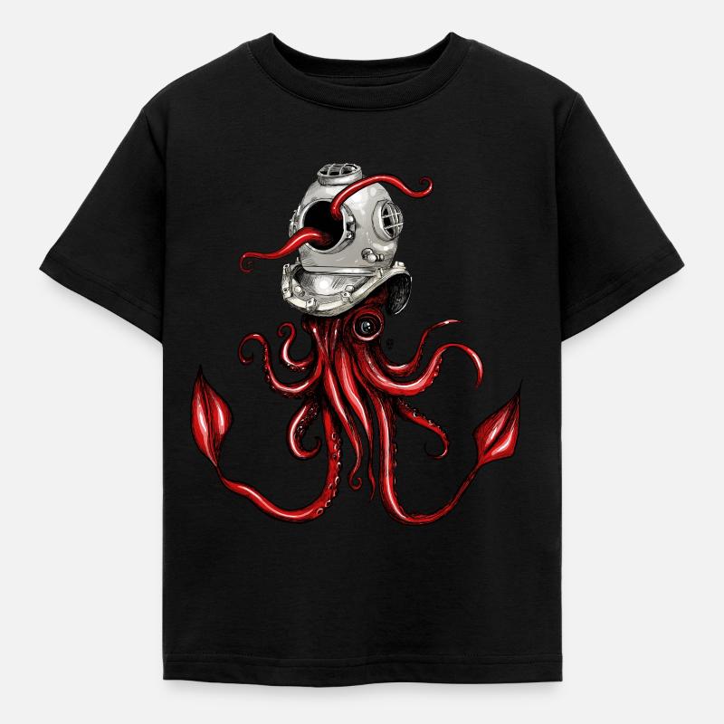 Squid with Diving Helmet - Kids' T-Shirt - black
