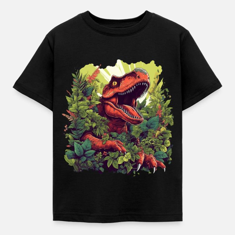 T-Rex mit Blumen /Dinosaurier Design - Kinder T-Shirt - Schwarz