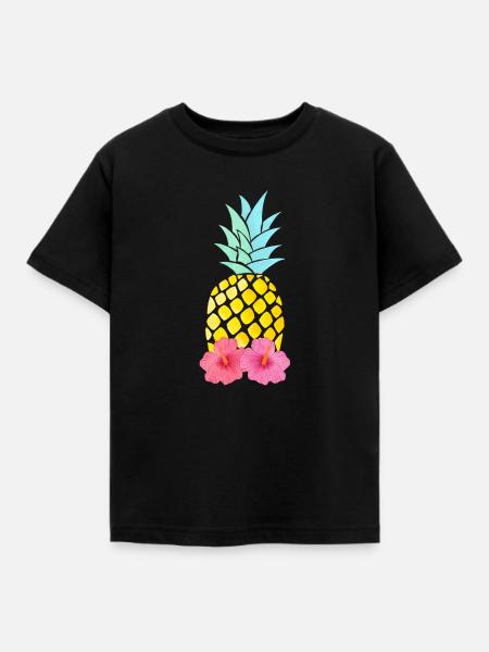 Ananas und Hibiskus - Kinder T-Shirt - Schwarz