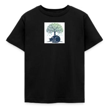 Sleeper cat under tree swirl - Kids' T-Shirt - black - Front - AI Model Kid Female (0cm)