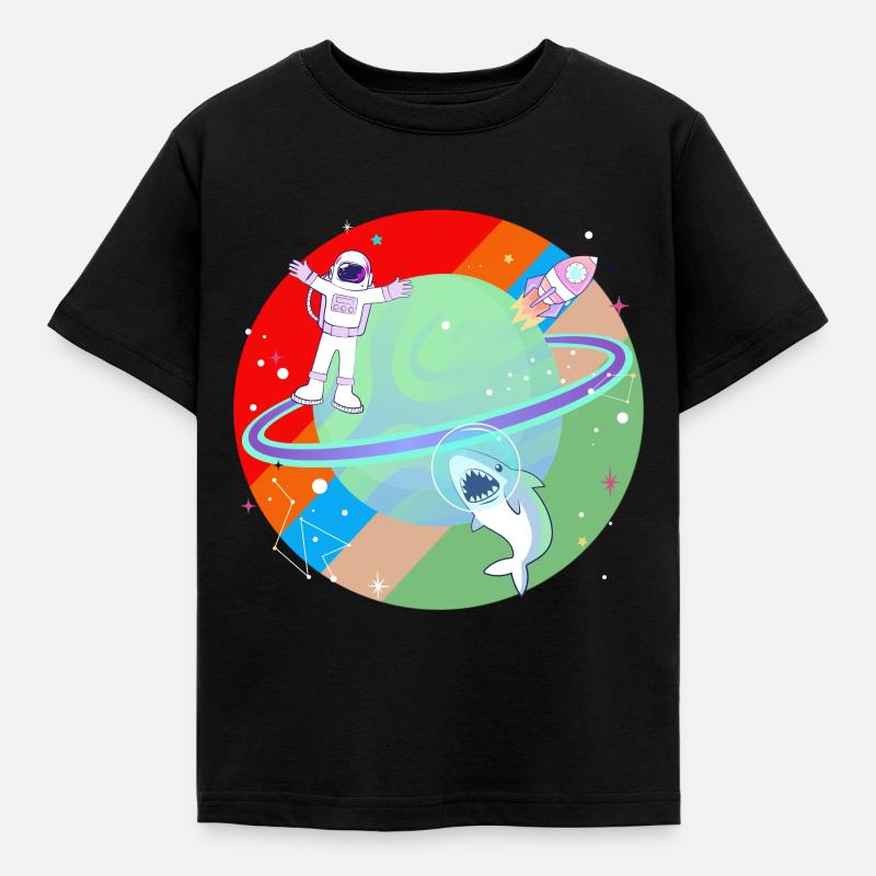 Requin astronaute univers planète fusée vaisseau spatial - T-shirt Enfant - noir