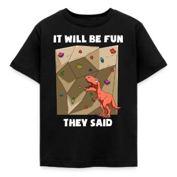 Boulder Trex - Lustiger Dinosaurie Kletter T-Shirt - Kinder T-Shirt - Schwarz - Vorne - AI Model Kid Female (0cm)