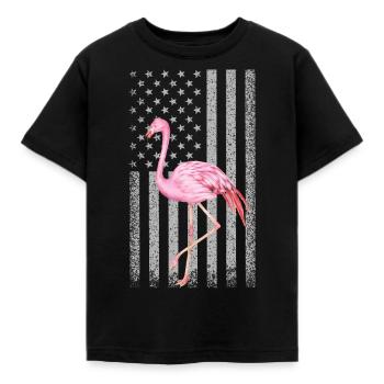 Funny Pink Flamingo Independence Day USA American - Kinder T-Shirt - Schwarz - Vorne - AI Model Kid Female (0cm)