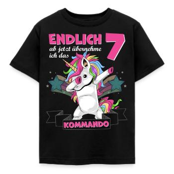 Kinderkleidung, Einhorn zum 7. Geburtstag, 7 Jahre - Kinder T-Shirt - Schwarz - Vorne - AI Model Kid Female (0cm)