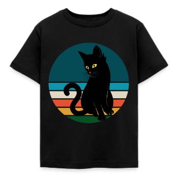 Schwarze Katze sitzen Retro Sonnenuntergang - Kinder T-Shirt - Schwarz - Vorne - AI Model Kid Female (0cm)