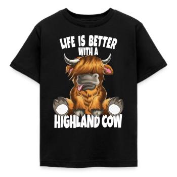 Het leven is beter met een Highland Cow Scottish Cow - Kinderen T-shirt - zwart - Voor - AI Model Kid Female (0cm)