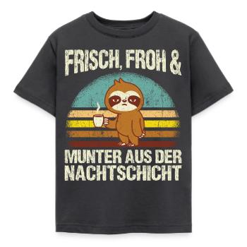 Frisch froh und munter aus der Nachtschicht! Pfleg - Kinder T-Shirt - Dunkelgrau - Vorne - AI Model Kid Female (0cm)