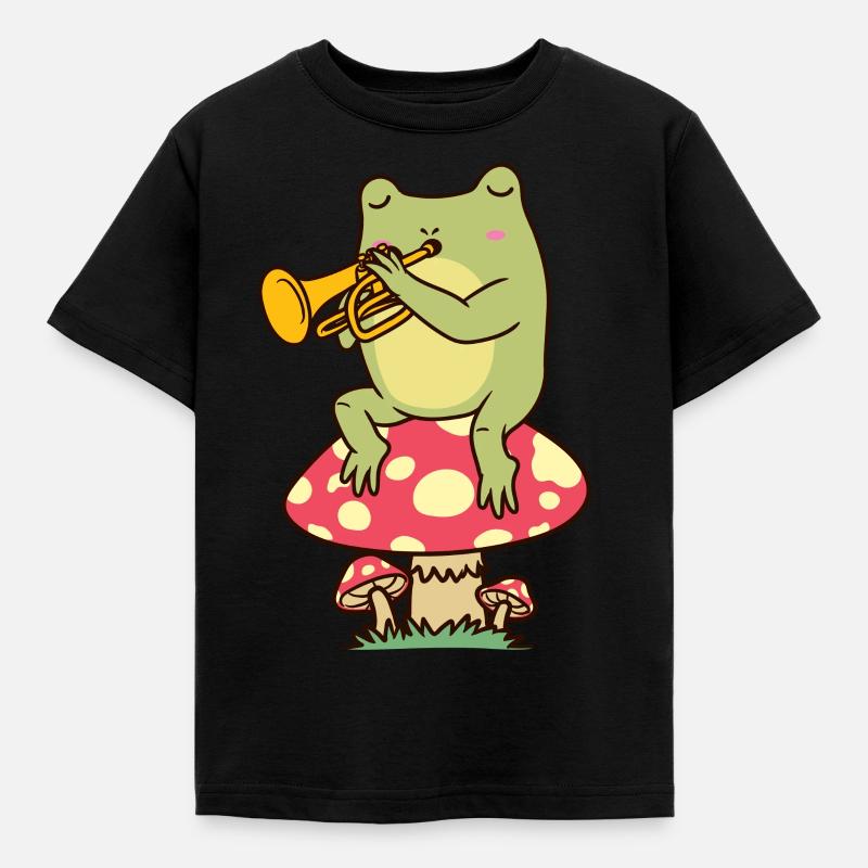 Frosch Auf Pilz Mit Trompete Trompeter - Kinder T-Shirt - Schwarz