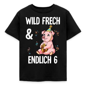 6. Geburtstag Schwein Wild Frech Und Endlich 6 - Kinder T-Shirt - Schwarz - Vorne - AI Model Kid Female (0cm)