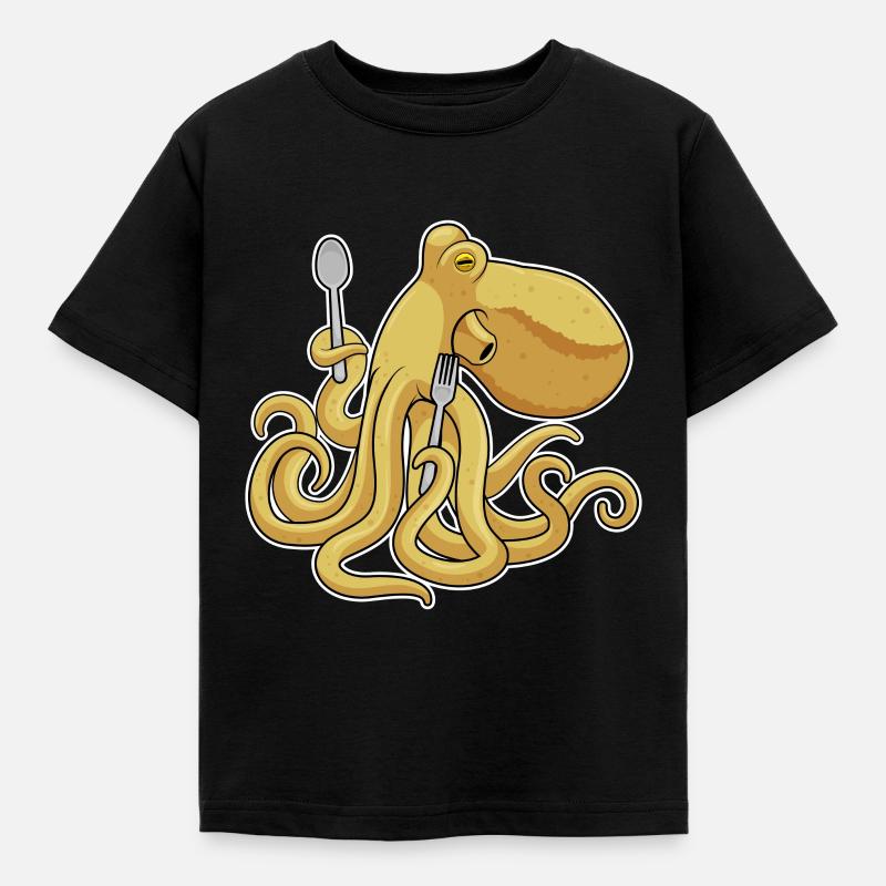 Octopus Food Spoon Fork - Kids' T-Shirt - black