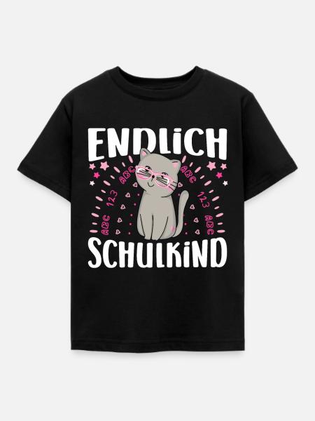 Einschulung Mädchen Katze Endlich Schulkind - Kinder T-Shirt - Schwarz