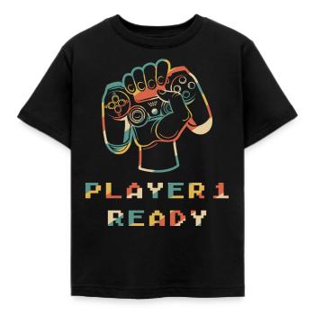 Spieler 1 Bereit in Kombination mit - Kinder T-Shirt - Schwarz - Vorne - AI Model Kid Female (0cm)