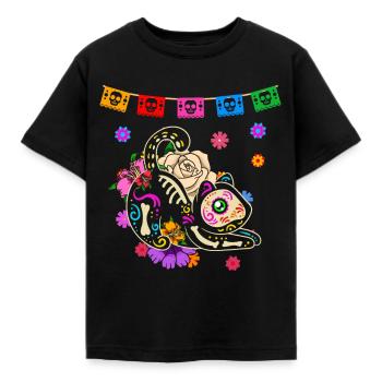Day of the dead farbige Katze mexikanisches - Kinder T-Shirt - Schwarz - Vorne - AI Model Kid Female (0cm)