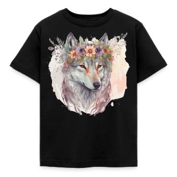 Artistic Watercolor Wolf Flower Crown Floral Anima - Kinder T-Shirt - Schwarz - Vorne - AI Model Kid Female (0cm)
