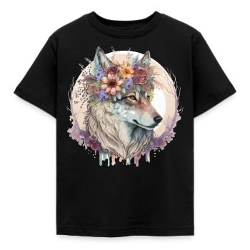 Cute Wolf Flower Crown Boho Aesthetic Animal Lover - Kinder T-Shirt - Schwarz - Vorne - AI Model Kid Female (0cm)