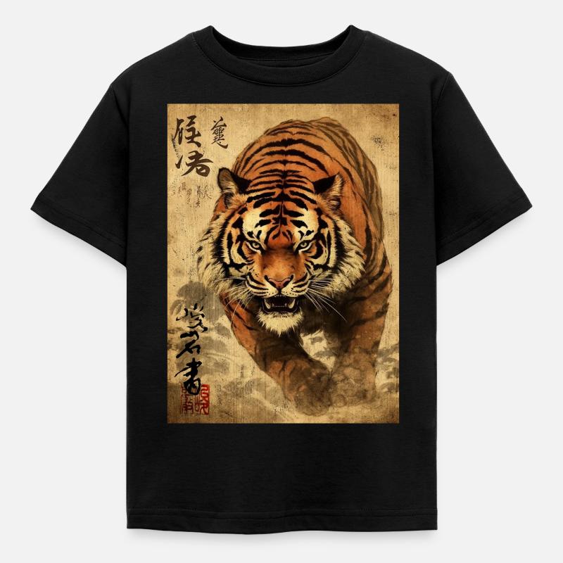 Japanischer Tigerkunst-Samurai-Karate-Krieger - Kinder T-Shirt - Schwarz