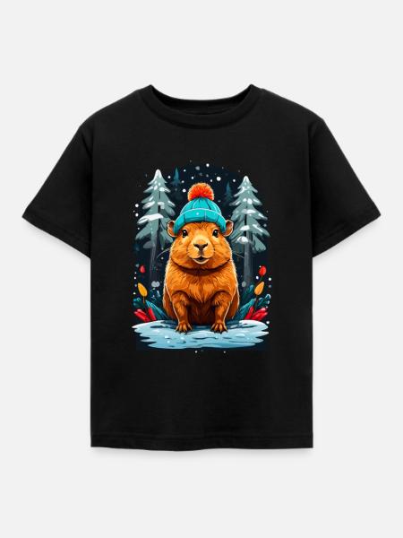Capibara Mit Wintermütze Happy Capibara - Kinder T-Shirt - Schwarz