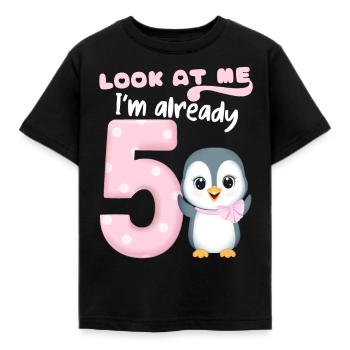 5th Children's Birthday Party, 5 Years Old, Kawaii Penguin - Kids' T-Shirt - black - Front - AI Model Kid Female (0cm)
