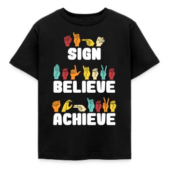 Sign Believe Achieve Retro Sign Language - Kinder T-Shirt - Schwarz - Vorne - AI Model Kid Female (0cm)