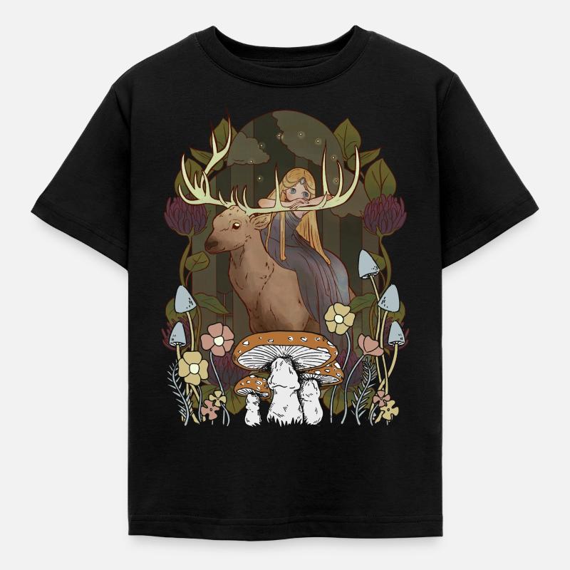 Fiaba Fiaba Personaggio Ragazza Foresta Natura Cervo - Maglietta per bambini - nero