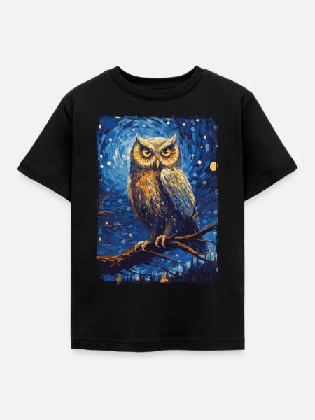 Eule Starry Night - Kinder T-Shirt - Schwarz