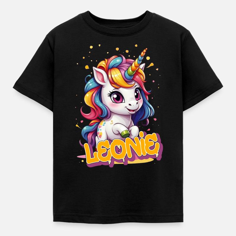 LEONIE - Schöner Mädchen Name mit süßem Einhorn - Kinder T-Shirt - Schwarz