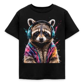 Waschbär Kopfhörer Musik Bunt Tier Design Print - Kinder T-Shirt - Schwarz - Vorne - AI Model Kid Female (0cm)