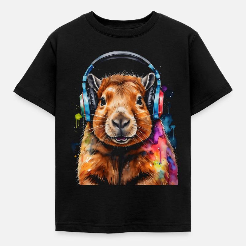 Capybara Kopfhörer Capy Bunt Tier Design Print - Kinder T-Shirt - Schwarz