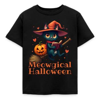 Cute Cat on Broom Halloween Unisex Kids T-shirt - Kids' T-Shirt - black - Front - AI Model Kid Female (0cm)