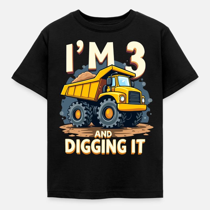 3ème anniversaire, garçon de 3 ans, camion et chantier de construction - T-shirt Enfant - noir