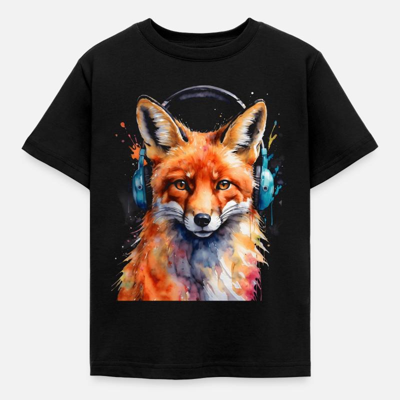 Fuchs Kopfhörer Musik Bunt Tier Design Print - Kinder T-Shirt - Schwarz